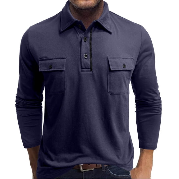 DayScoop Mens Fashion T-shirt Casual T Shirt Long Sleeve Button Double Pockets Solid Turndown Collar Tops Tees