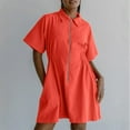 thumbnail image 2 of asdoklhq Overall Dress for Women Fashion Women Zipper V-Neck Summer Solid Short Sleeve Mini Dress Orange M, 2 of 6