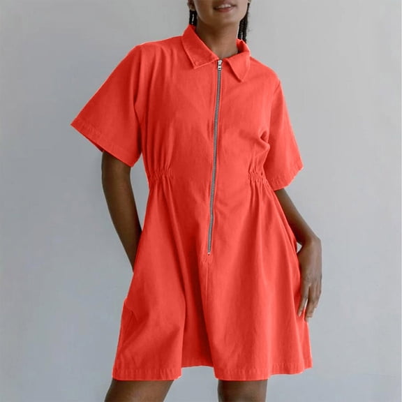 Daiosportswear Women'S Mini Dress Short Sleeve Lapel V Neck Zip Belted Short Cowgirl Dress with Pockets, Short-Sleeved Dress for Women Orange L(L)