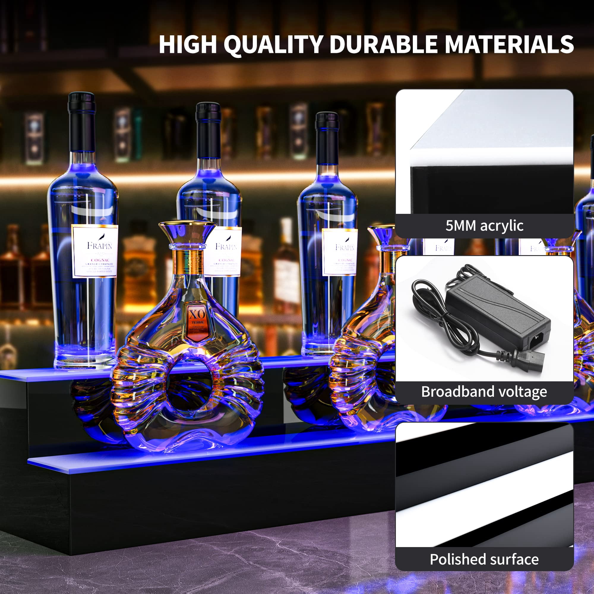 Dextrus LED Lighted Liquor Bottle Display Shelf Supports USB & Power Bank, 2-Step 48-inch Bar Liquor Alcohol Shelf for Home Counter Party, Acrylic Mounted Whiskey Rack Stand with Remote & App Control