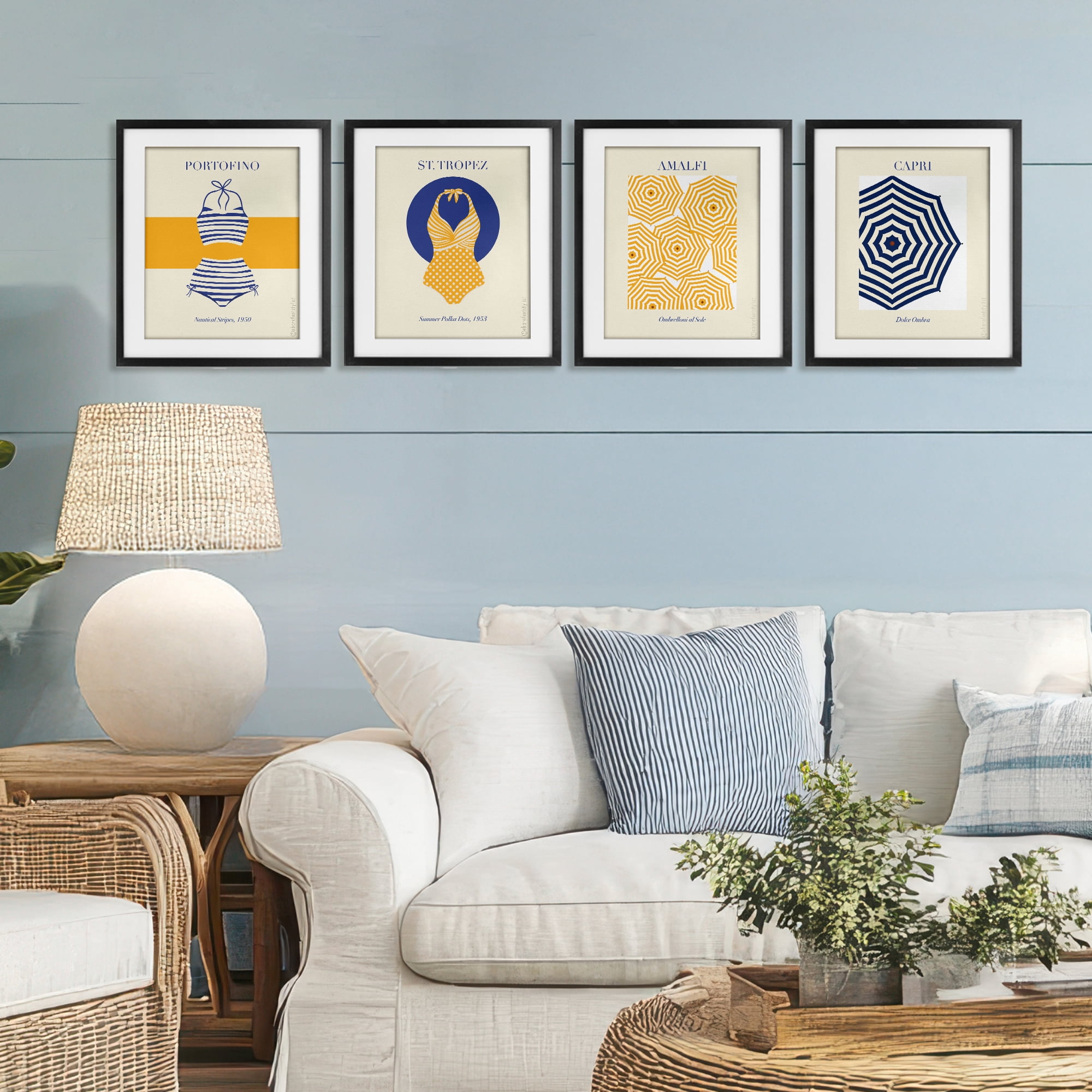 Stupell Industries Retro Beach Vacation Elements 4 Piece Black Framed Print Under Glass Set, design by A Barefoot Stylist