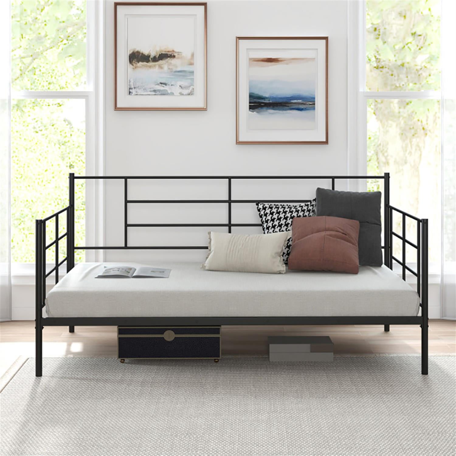 Demi Bonn Twin Size Metal Daybed Sofa Bed Frame with Armrests and Backrest, Modern Bed Frame for Teens, Black