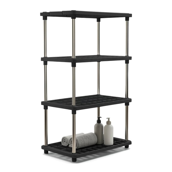 Renyuanyuan 4-Tier Freestanding Storage Rack with Hooks, Sturdy, for Kitchens, Bathrooms, Laundry Rooms