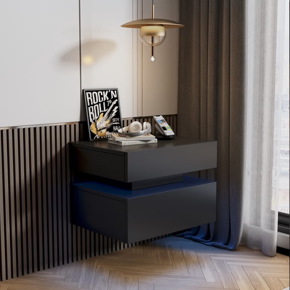 Hommoo Set of 2 LED Nightstand Set, Wall-Mounted Bedside Table Set with 2 Drawer, 3-Section Slides, Black
