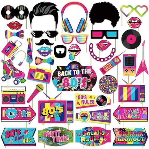 40 Pcs 80s Photo Booth Props, 80s Party Decorations 80s Props, 80s Birthday Party Decorations Disco Party Photo Booth Props, 1980s Party Decorations 80's Photo Booth Props for Party