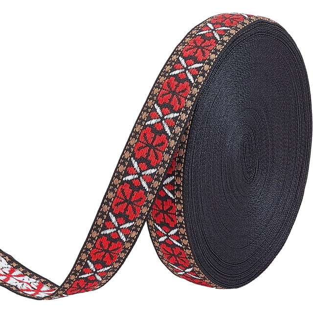 20 yardas de cinta jacquard estrecha vintage negra y roja de 0,8 pulgadas con estampado floral de mariposas, bordada y tejida, de estilo étnico. Cintas de poliéster para costura y manualidades.