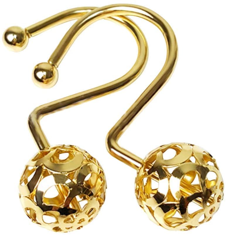 Gold Shower Curtain Hooks Rings,Set of 12 Brass Decorative Shower Curtain Hooks,Bling Metal Rustproof Shower Hangers Rings for Bathroom Curtains Rods Hollow Ball Design