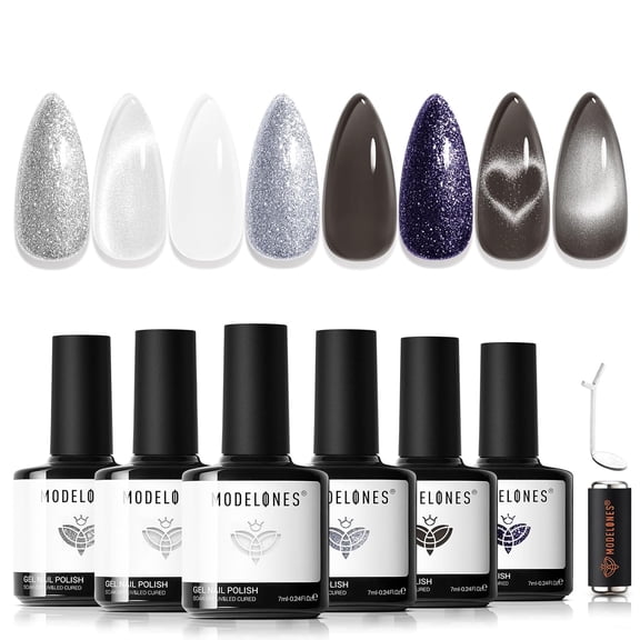 modelones Gel Nail Polish Set with French Tip and heart cat eye magnet, 6 Colors Jelly Sheer Black White Cat Eye Silver Blue Purple Glitter Gel Polish Kit Soak Off UV Salon DIY at Home Gift for Women