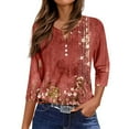 thumbnail image 5 of WTOBBY Women's Charming Floral Print V-Neck 3/4 Sleeve Loose Fit Casual Top Versatile Blouse for Spring Autumn Season Daily Fashion Wear,Red 2XL, 5 of 6