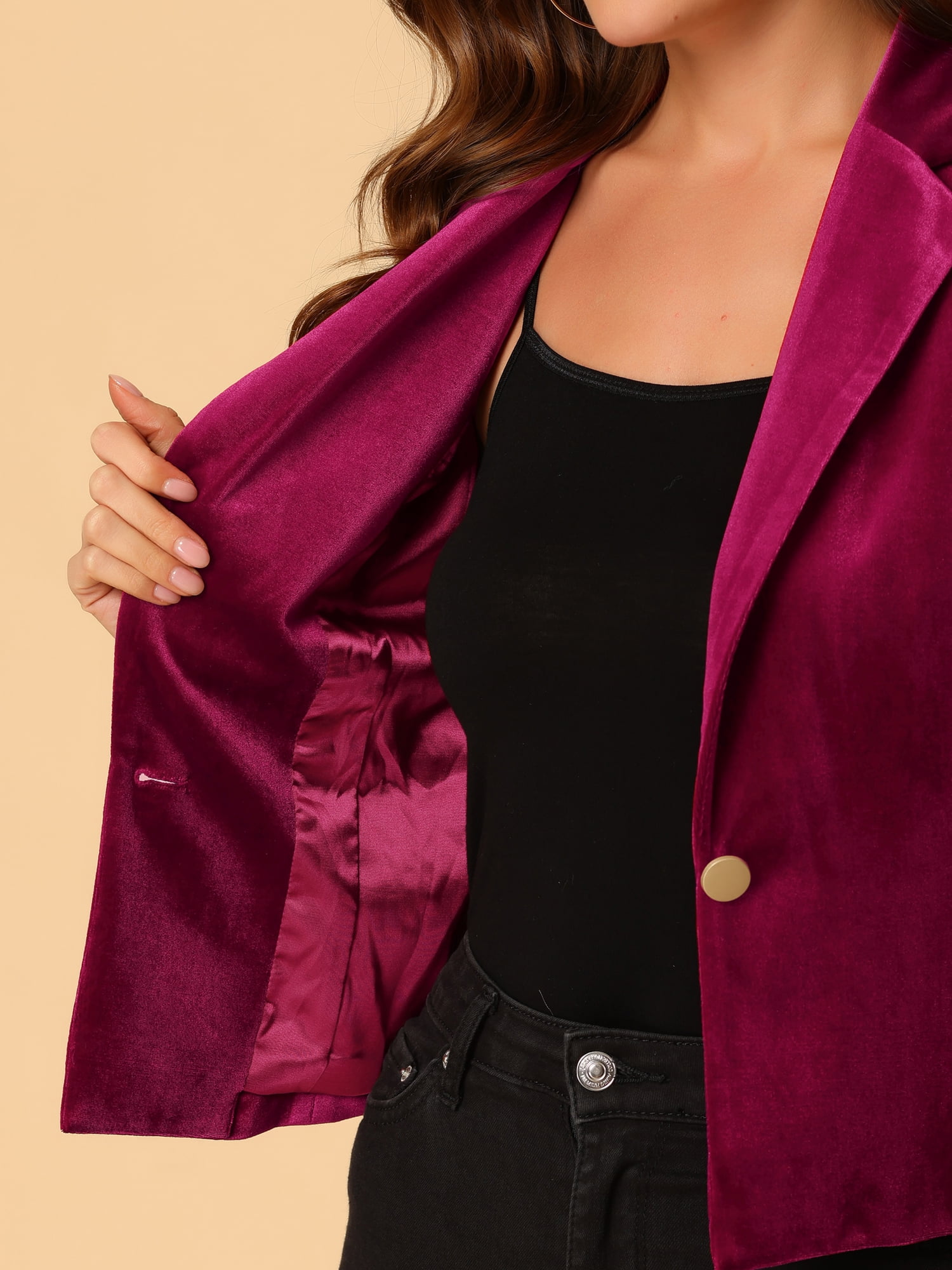 DARING DIVA Women's Button Front Velvet Blazer Lapel Crop Suit Jacket S Burgundy