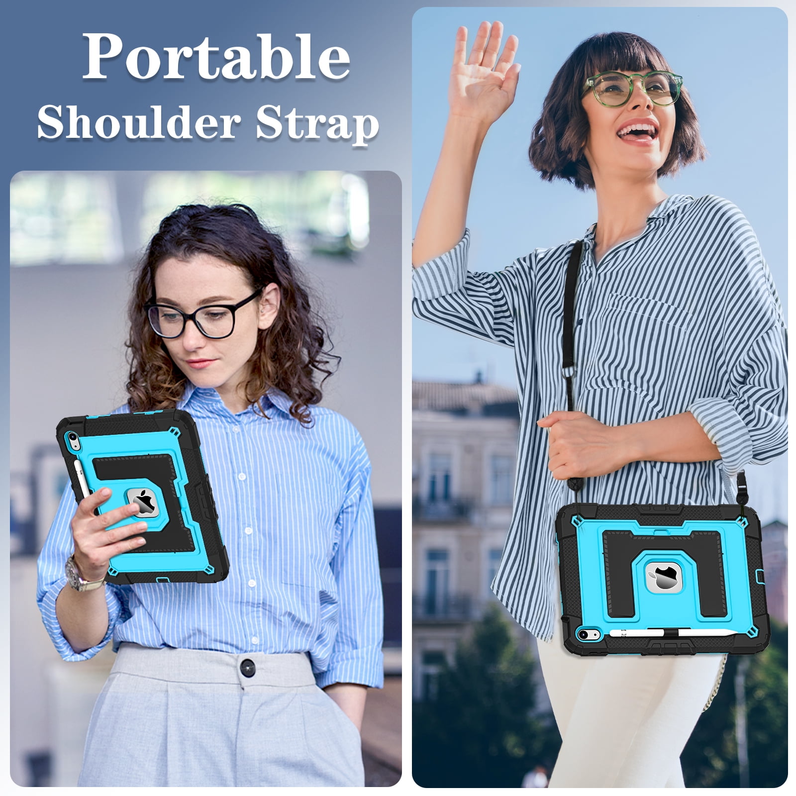 Allytechgroup Rugged Case for Apple iPad Mini 7th Gen / iPad Mini 6th Gen 8.3 Inch, Heavy Duty Protective Tablet Case with Kickstand, Pencil Holder & Detachable Shoulder Strap, Black+Blue