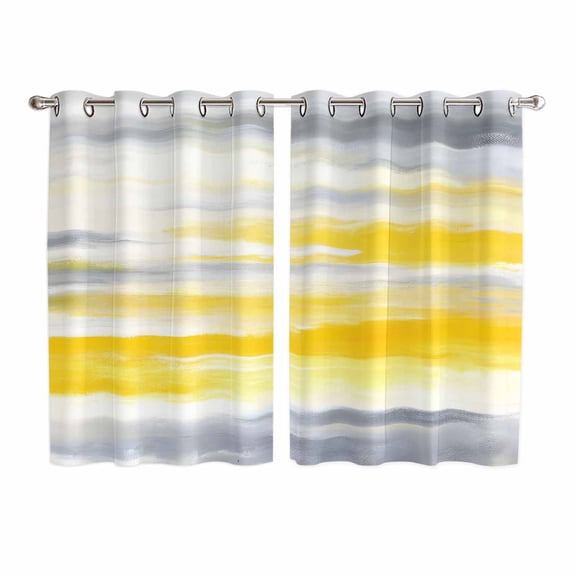 Yellow Grey Kitchen Curtains 63 Inch Length, Vintage Farmhouse Abstract Oil Painting Grommet Top Bedroom Living Room Curtains, Light Filtering Cafe Curtain Drapes 2 Panels Set 104''x63''