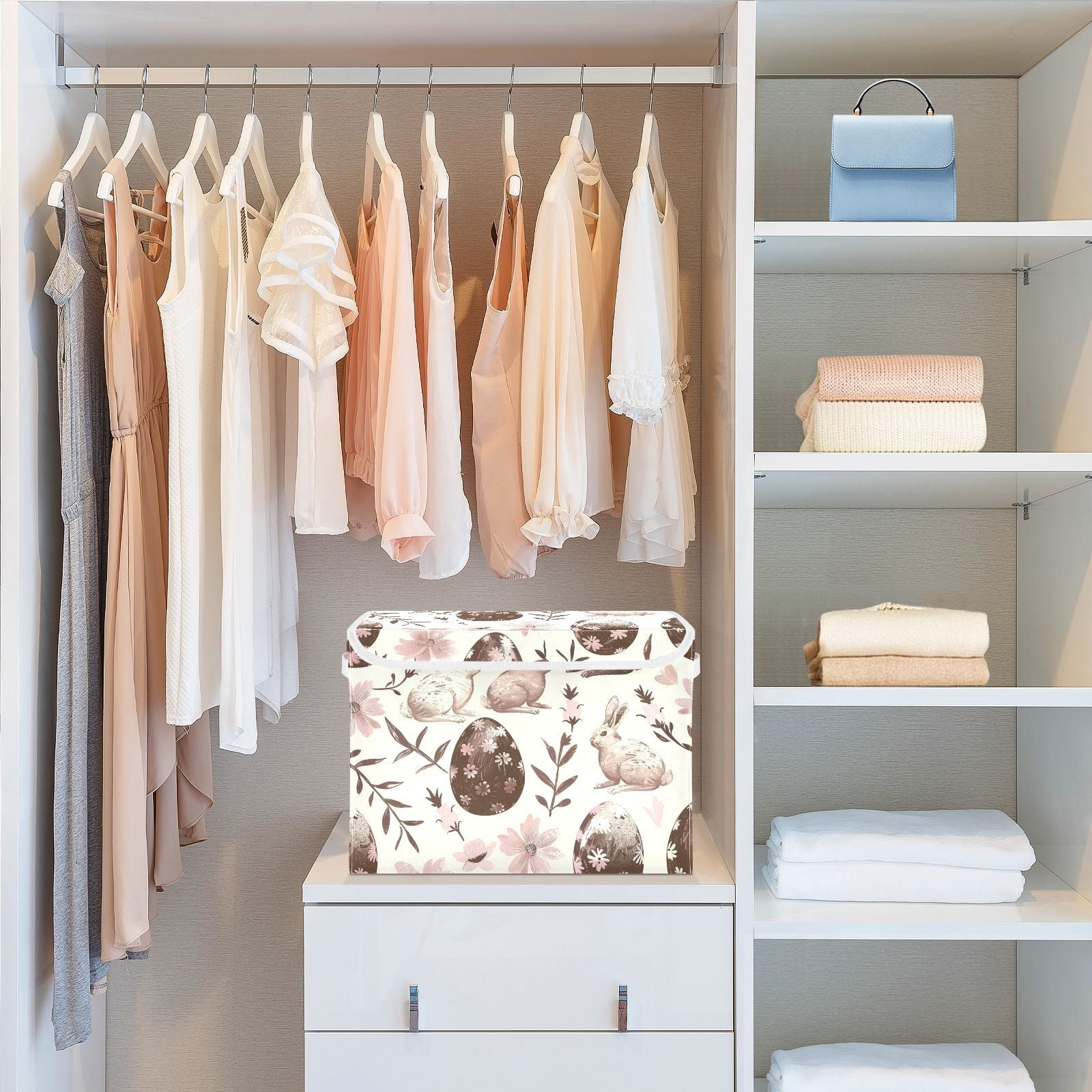 Chocolate Easter Eggs Rabbits Storage Basket for Shelves Foldable Container Organizer for Organizing Toys Clothes Books with Handles