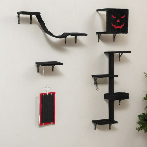 Demi Bonn Cat Wall Shelves and Perches Set for 5, Cat Tower for Adult Cats Mounted Cat Tree House for Large, Indoor Cat Sleeping Playing Lounging Climbing Furniture, Gothic