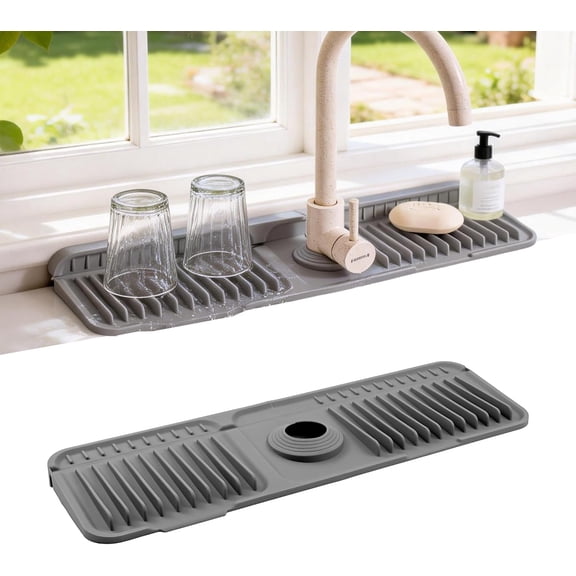 Faucet Mat for Kitchen Sink, 17.7"X5.5" Silicone Sink Splash Guard , Snap-On Design & 7°slope Fast Drain, Folding Sink Faucet Mat for Universal Kitchen Bathroom Sink(Grey)