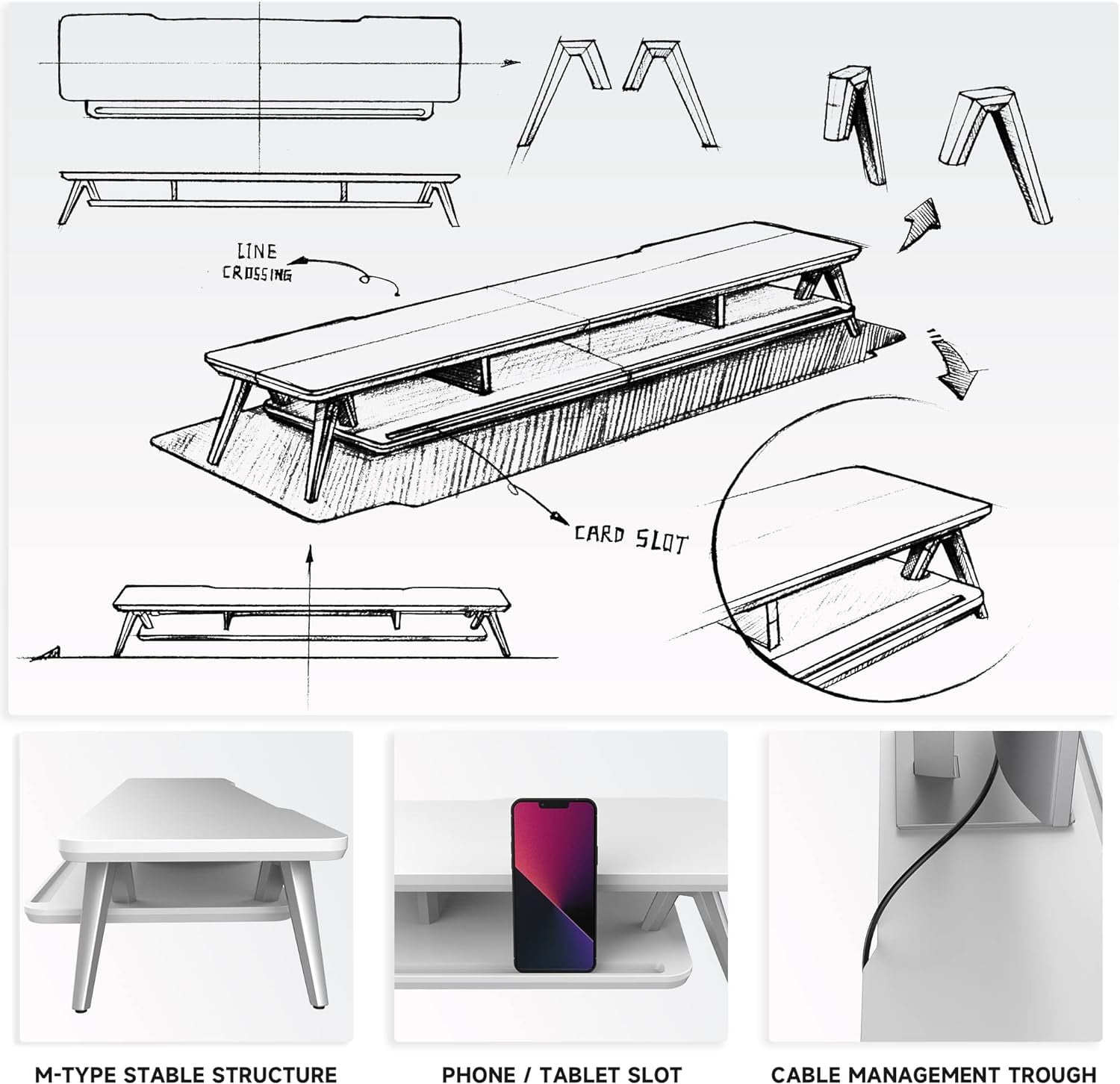 Dual Monitor Stand, Monitor Stands Riser for 2 monitors, 42.5 Inch Wood Desk Shelf with Storage Organizer and Cable Management for Office Desk Accessories