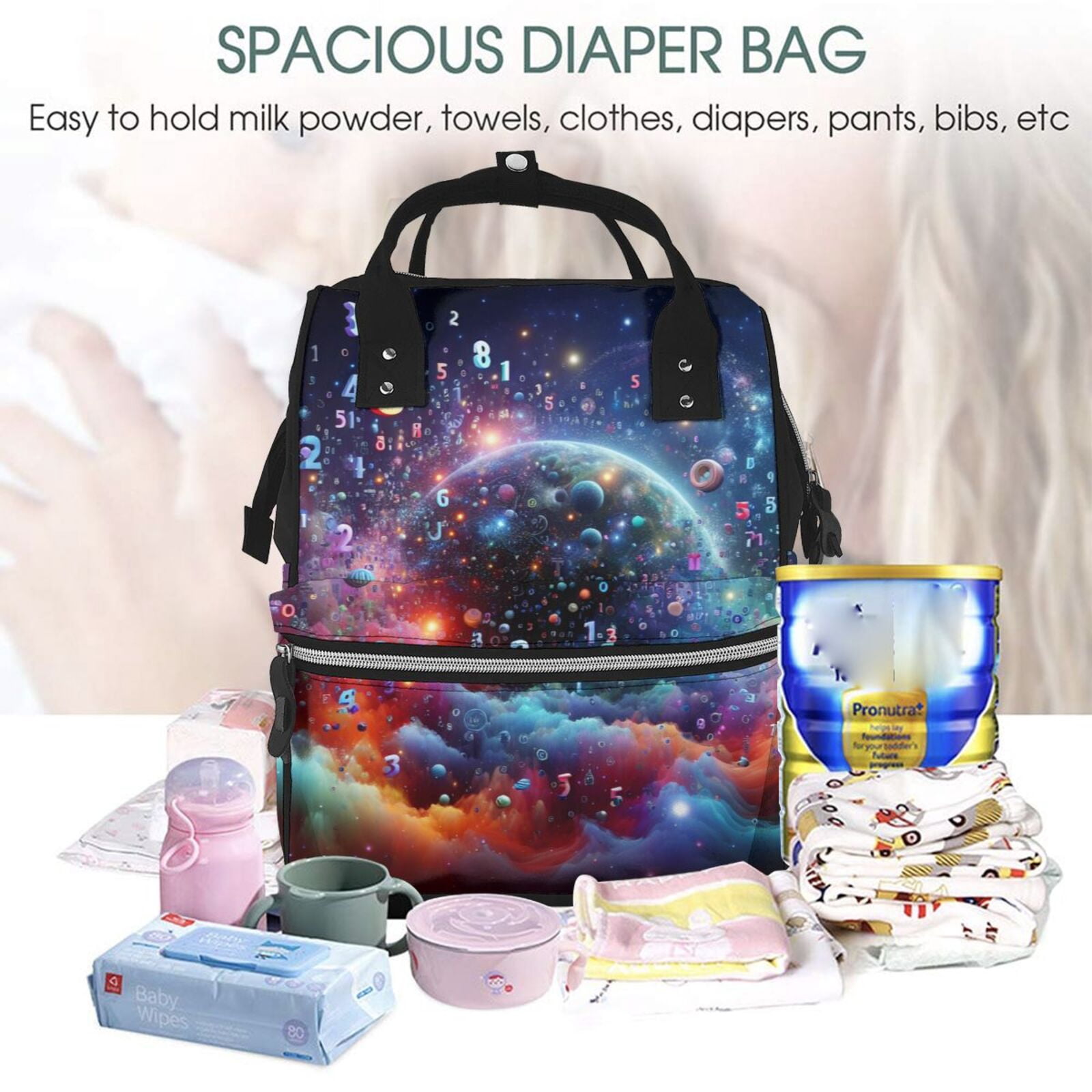 Ratiio Outer Space Floating Numbers And Letters Mummy Backpack - Waterproof Twill Canvas, Large Capacity Diaper Bag with Multiple Pockets and Adjustable Straps