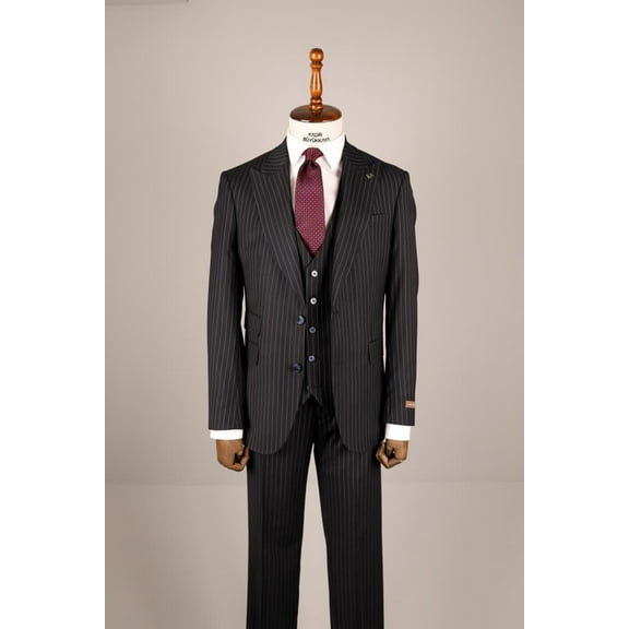 Suit Swallow Collar Slim Fit Navy Men's Stylish Suit with Woven Vest