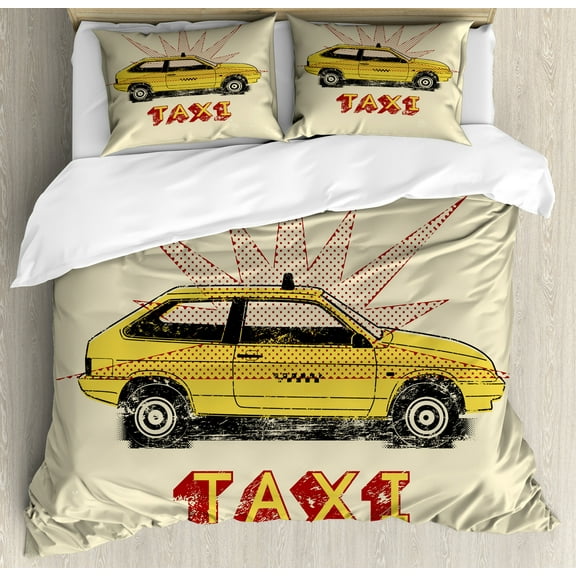 Retro Duvet Cover Set, Pop Art Style Old Fashioned Taxi Cab with Grunge Effects Vintage Car Graphic, Decorative 3 Piece Bedding Set with 2 Pillow Shams, King Size, Beige Yellow Ruby, by Ambesonne