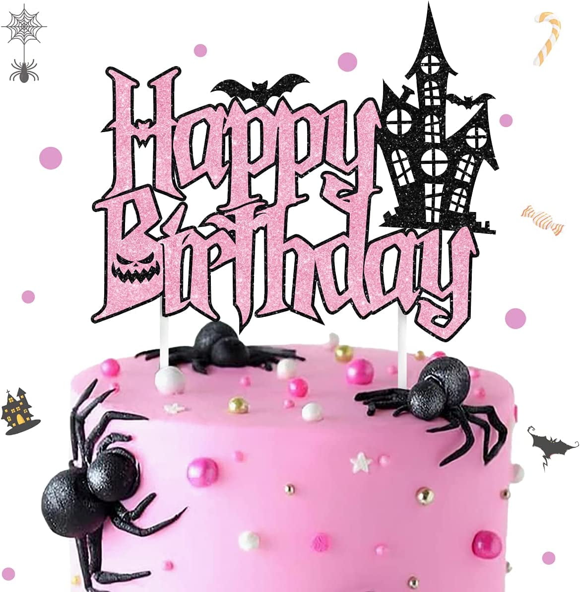 Halloween Happy Birthday Cake Topper Black Pink Halloween Cake Decorations Girl Halloween Ghosts