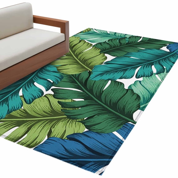 Summer Tropical Leaves Area Rug 3x5 FT, Non Slip Entryway Bedside Carpet, Blue Green Botanical Leaf Plants Washable Soft Floor Carpet Indoor Mat Non-Shedding Throw Rug for Dorm Kitchen Home Office