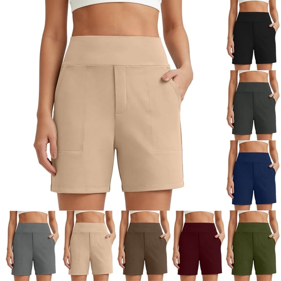Miluxas Stretch Athletic Shorts for Women Solid High Waist Tummt Control Yoga Bermuda Shorts Outdoor Quick Dry Casual Workout Shorts with Pockets Wine