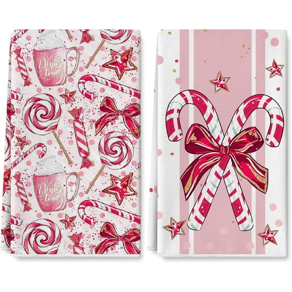 Pink Christmas Kitchen Towel Candy Cane Dish Towel 18 x 26 Inch Sweet Xmas Hand Drying Tea Towel for Cooking Baking Cleaning, 2Pcs