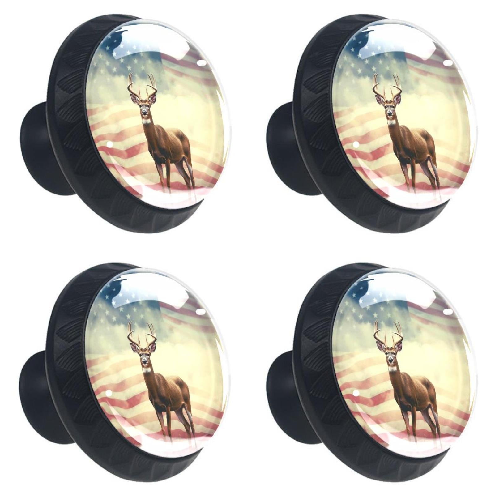 4 Pcs Deer and American Flag Knobs for Kitchen Cabinet Cupboard Dresser Bookcase Drawer Pulls Handles Round Home Decor