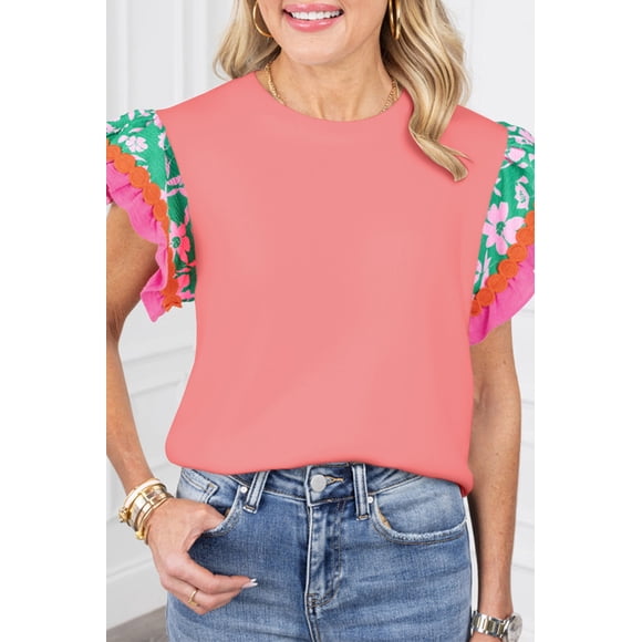 I AM A FASHION JUNKY Peach Blossom Contrast Ricrac Floral Sleeve Top
