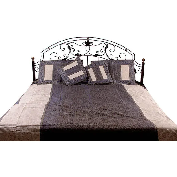 Exotic India Silk Blue and Ivory Bedcover with All-Over Weave From Banaras (Set of 5)