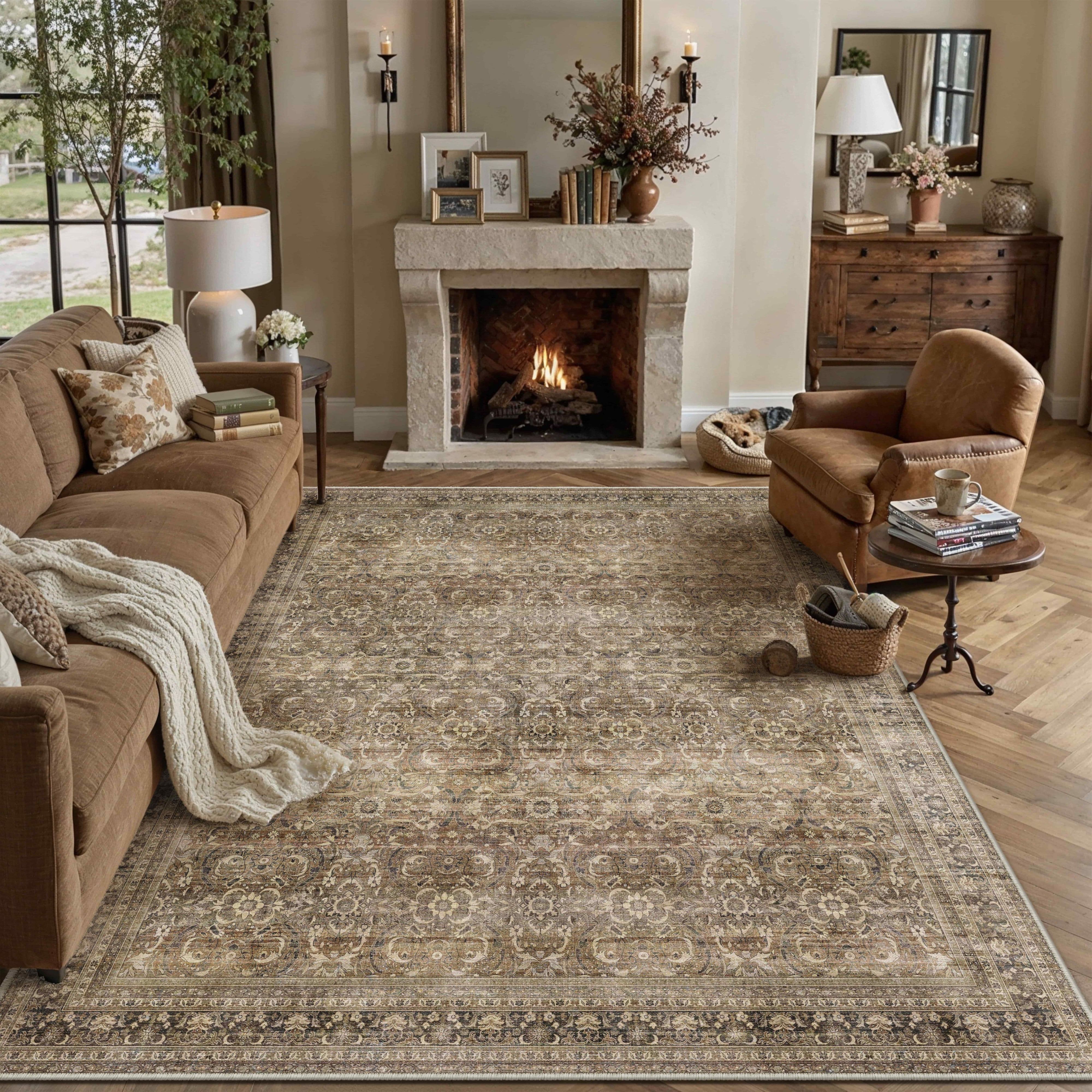 PureCozy 8'x10' Area Rugs for Living Room Bedroom Dining Room Farmhouse Office Oriental Washable Non Slip Vintage Traditional Large Brown Rugs Carpets, Brown