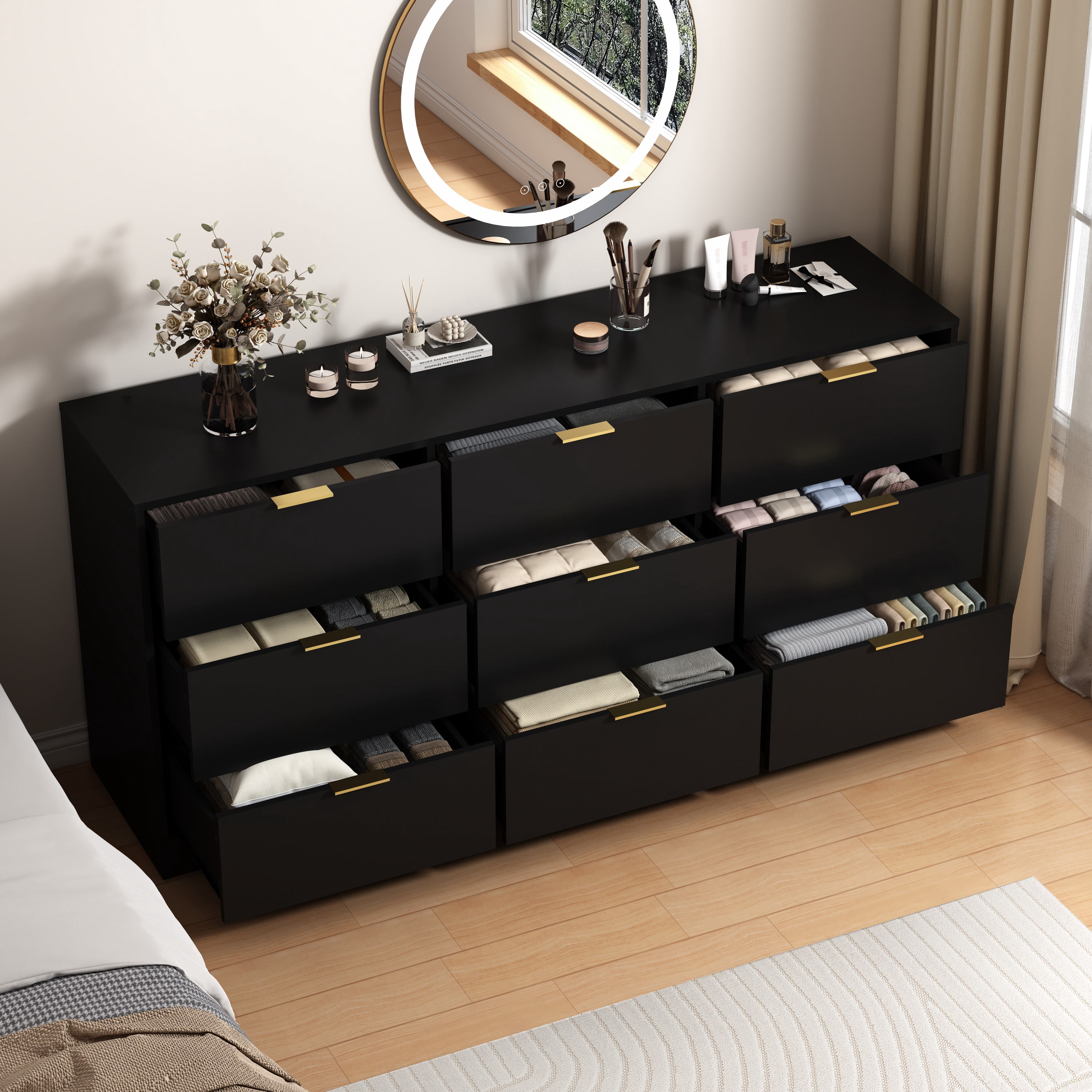 Mintazer 9 Drawers Dresser, 63" Large Deep Storage Chest of Drawers with Gold Metal Handles for Entryway Bedroom Living Room Hallway, Black