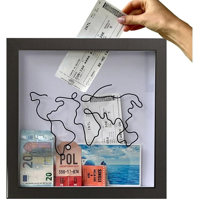 LAICAIW Adventure Archive Box, Ticket Stub Shadow Box Frame, Travel Shadow Box, White Travel Memory Box, Wood Frame Travel Tickets Box, Ticket Shadow Box with Slot, Memory Box for Keepsakes