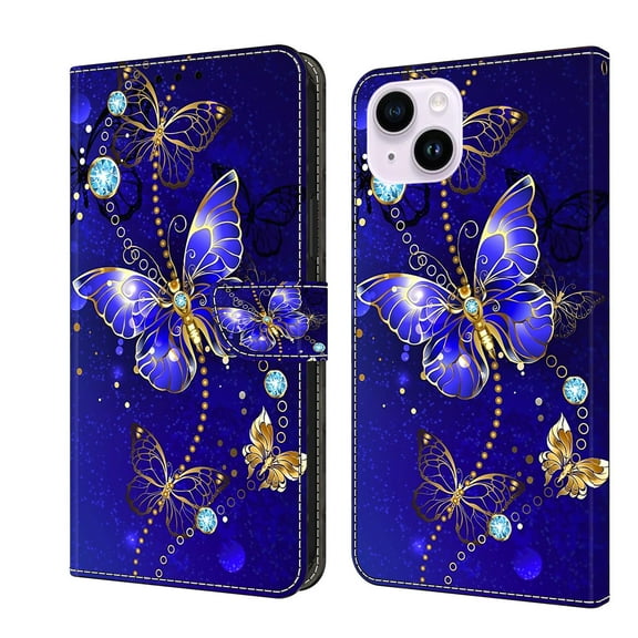 Feishell for iPhone 14 6.1 inch Slim Wallet Case with Fashion Colorful Pattern Painted,Luxury PU Leather Magnetic Flip Stand Card Slots Pocket Phone Case,Diamond Butterflies