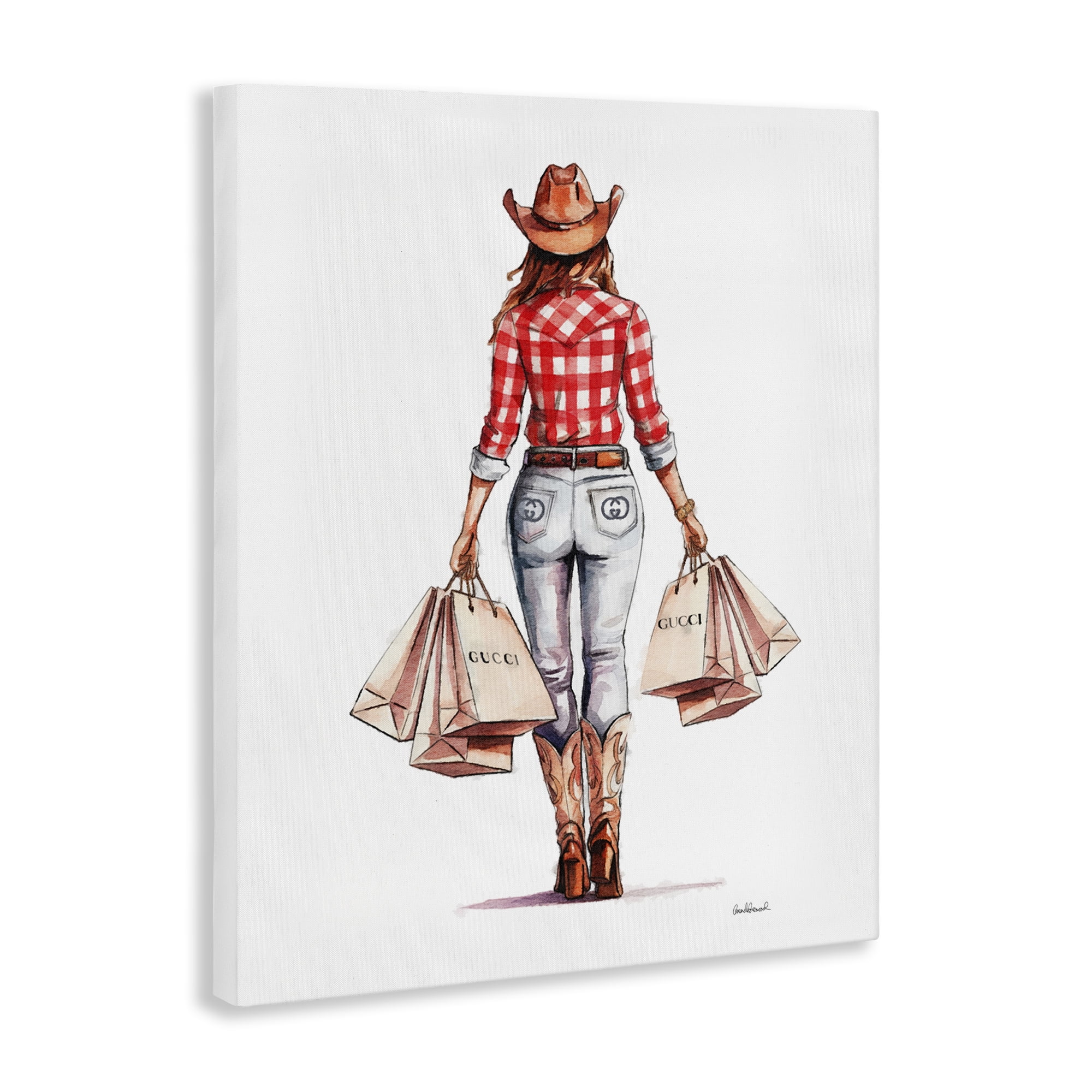 Stupell Industries Country Cowgirl Shopping People Painting Wrapped Canvas Art Print Wall Art, 36 x 48
