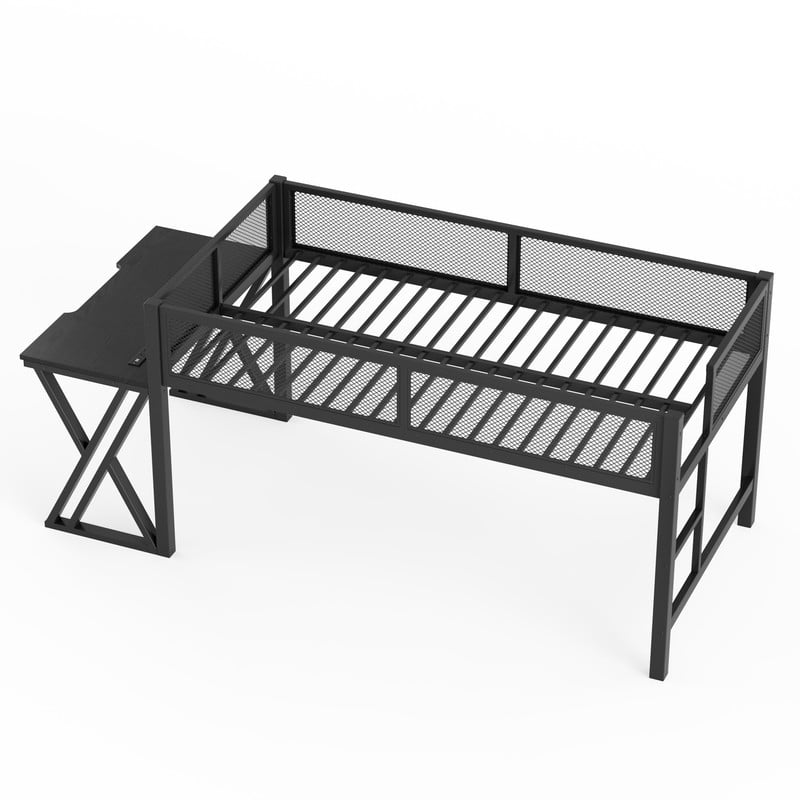 Twin XL Gaming Loft Bed with Computer Desk of X-Shaped Legs, Metal Bed Frame with LED Lights, Charge Station & Mesh Guardrail
