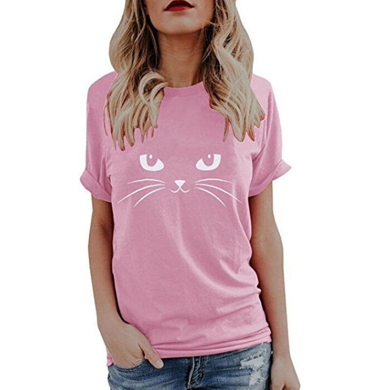 Womens Tops Miuye Summer Cute Cat Print Tops Short Sleeve T-Shirts Blouse Tunic Graphic tees Tanks