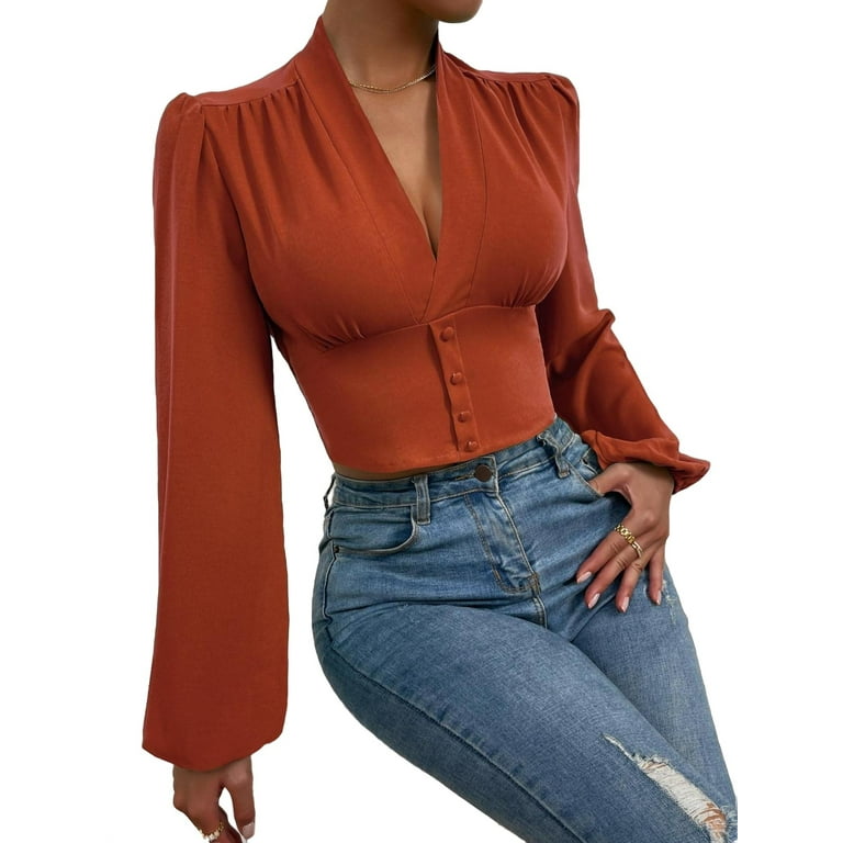 Elegant Deep V Neck Crop Blouse Long Sleeve Burnt Orange Women s Blouses Women s Walmart