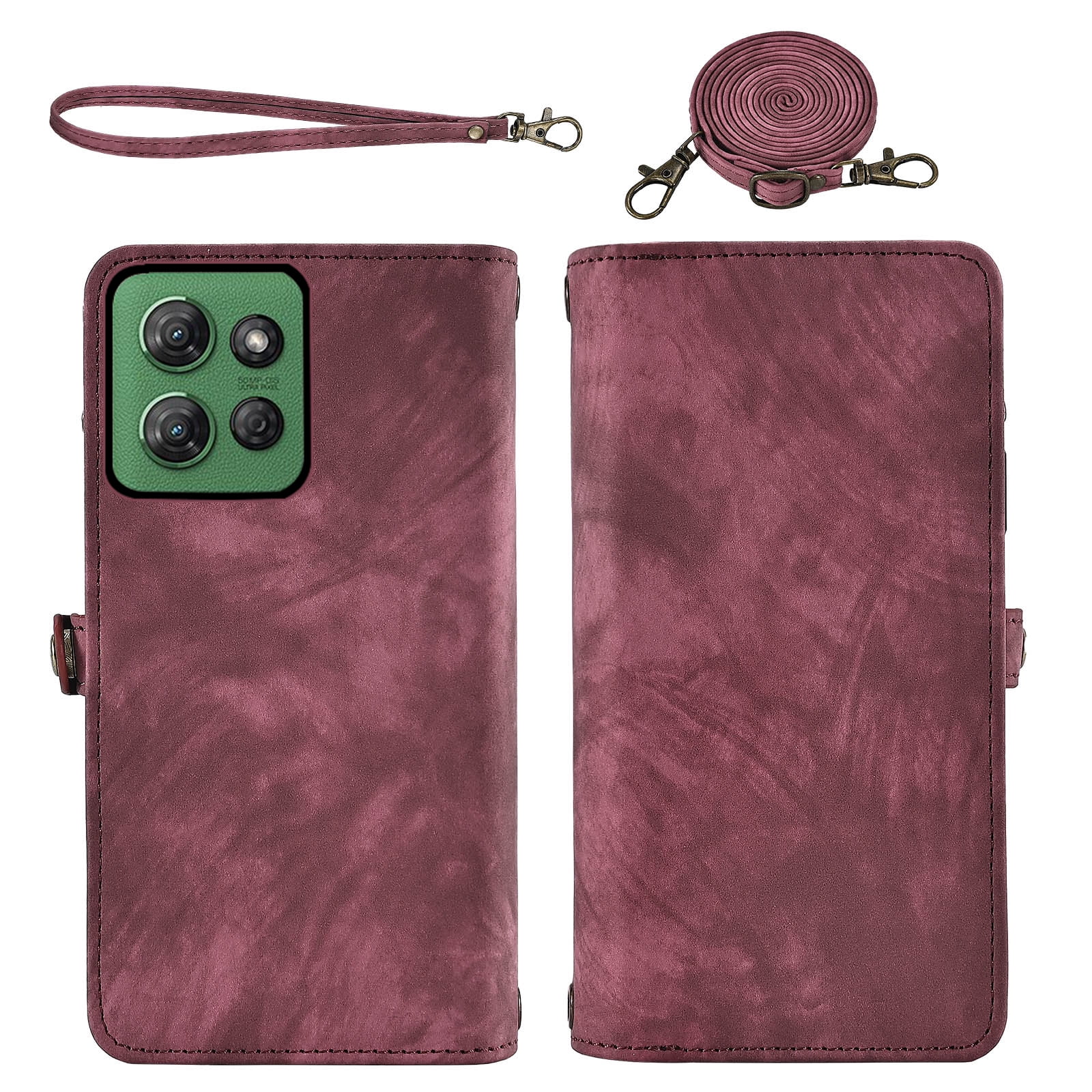 Asuwish Phone Case for Motorola Moto G Power 5G 2025 Zipper Wallet Detachable Cell Cover with Tempered Glass Screen Protector Crossbody Lanyard Strap Flip Card Holder Slot XT2515-1 Women Girls Red