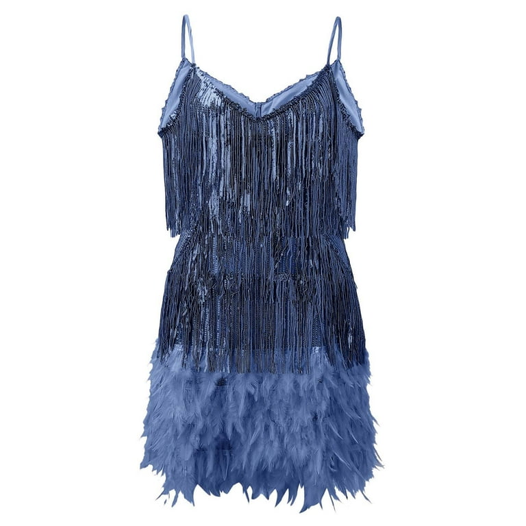 WTXUE Sequin Dress for Women Women Evening Dress Double Deep V Sling Dress Tassel Sequins Feather Dress Navy Blue Dress for Women Navy L