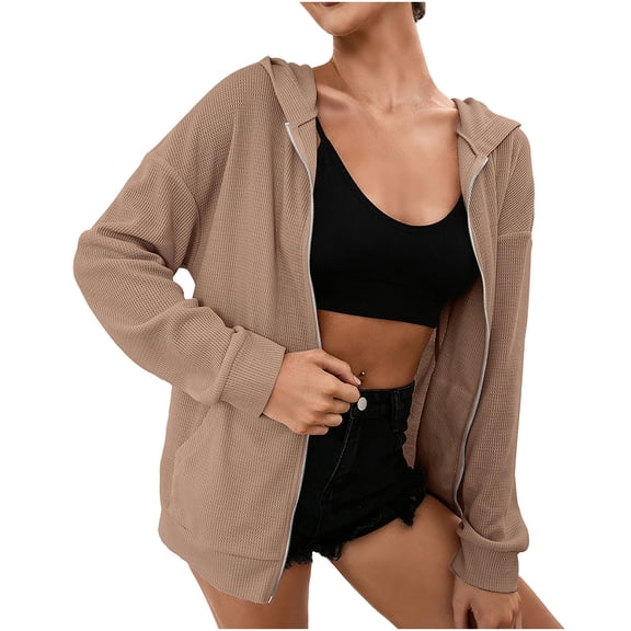 Honeeladyy Women's long sleeve jacket,Women's Oversized Hoodies Long Sleeve Zip Up Casual Ribbed Hooded Sweatshirt