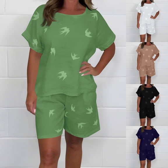 CHUMUD Two Piece Sets for Women Summer Outfits Short Sleeve Crew Neck Tees Shorts Casual Lounge (Avail for Plus Size)