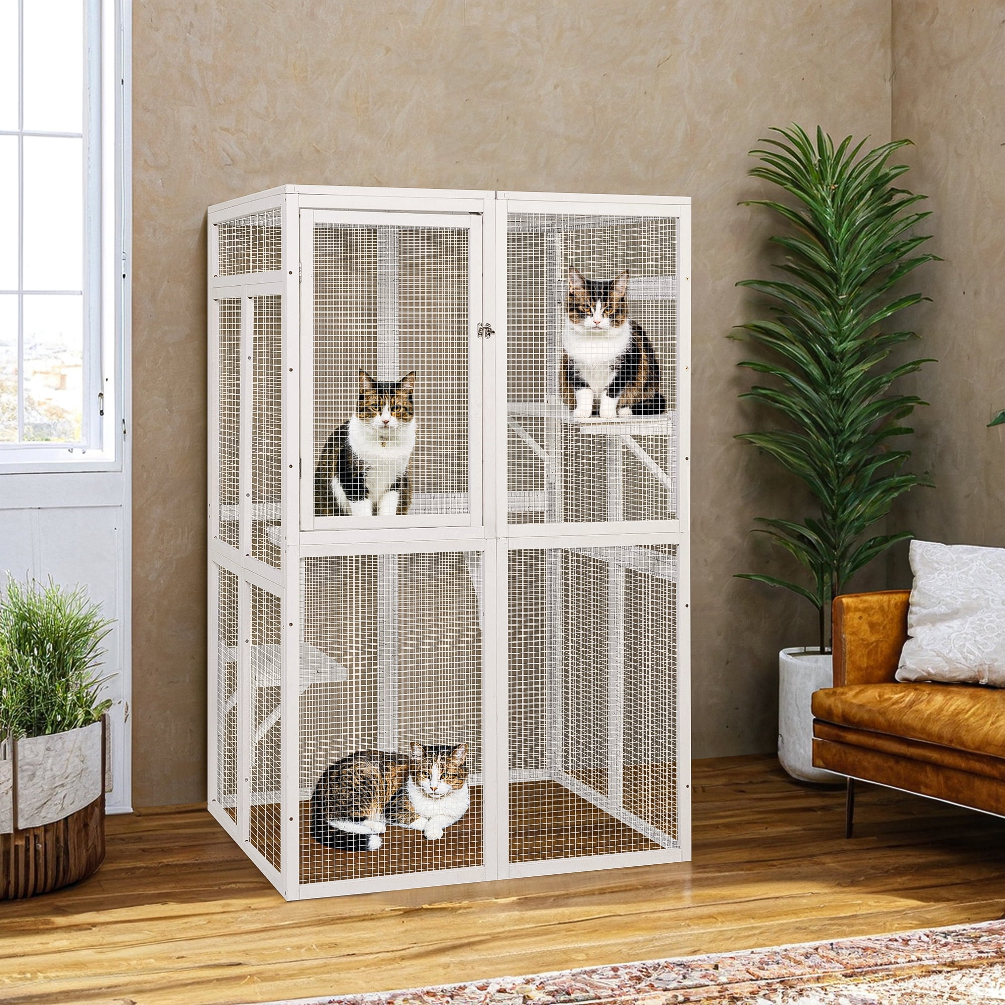 Demi Bonn 64" Outdoor Cat House, Large Cat Condo for Feral Cats Wooden Outside Cat Cage Weatherproof with Platforms, White