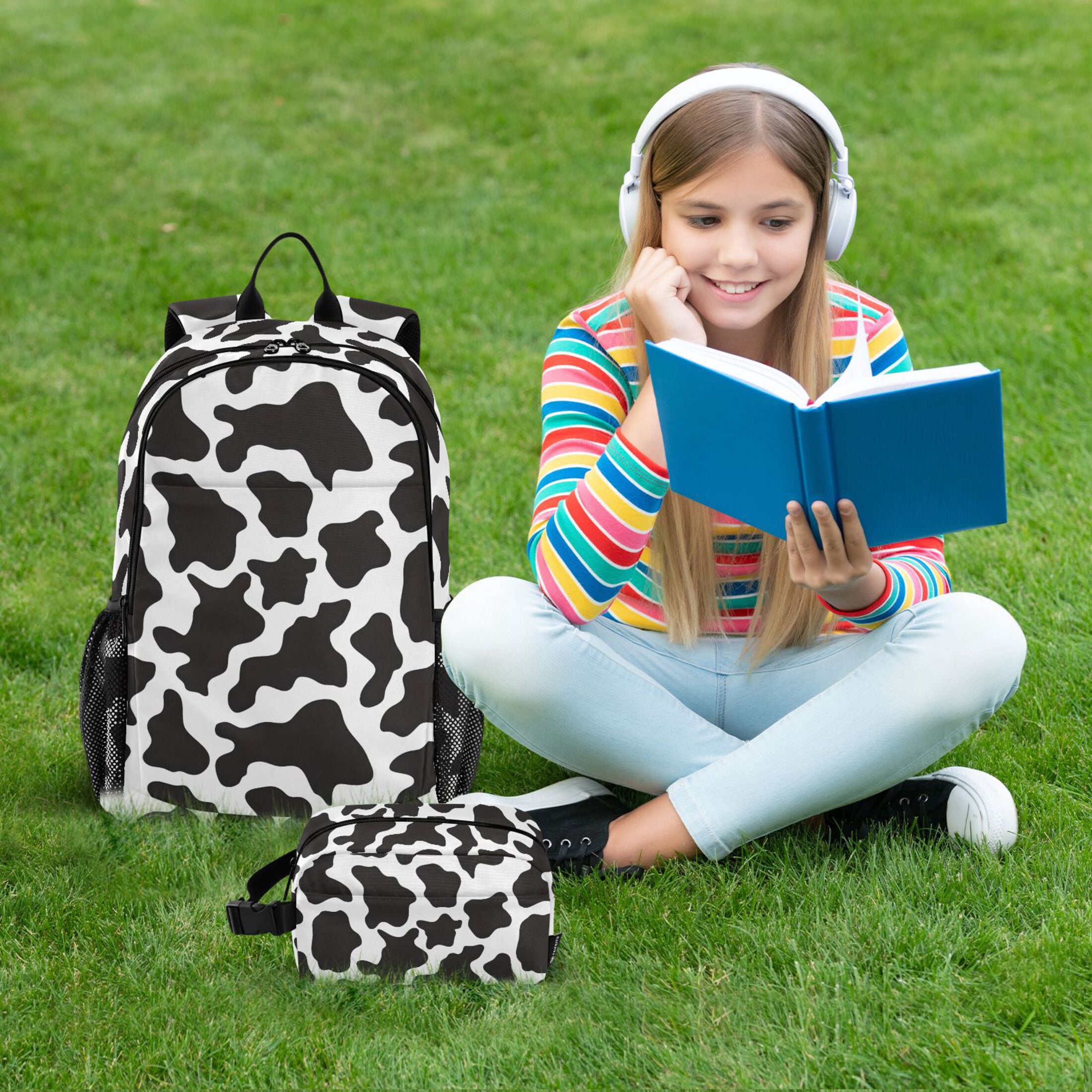 ALAZA Cow Print School Backpack Lunch Box Set Student Bookbag