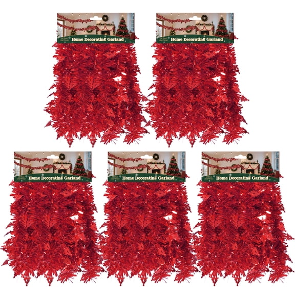 LAMPHOME 5 Pack 10ft Red Tinsel Garland, 3.5in (9cm) Wide Glitter Metallic Twist Garland, Festive Decor for Christmas Tree, Wedding, Home Hanging