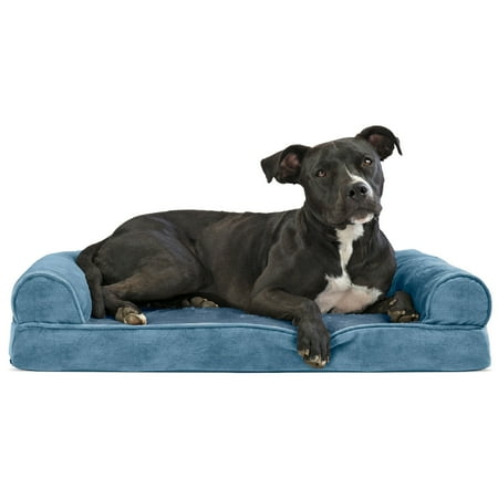 UPC: 0842229106657 | FurHaven Pet Products Faux Fur & Velvet Memory Top Sofa-Style Pet Bed for Dogs & Cats – Harbor Blue Medium