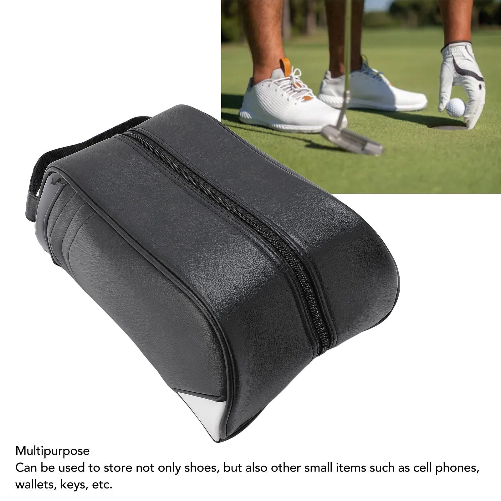 YAHHU Premium PU Leather Golf Shoe Carrier Bag for Travel & Storage - Water Resistant, Multifunctional Portable Organizer with Handle, Black, Fits Large Shoes, 15.7 x 9.4 x 3.1 Inches