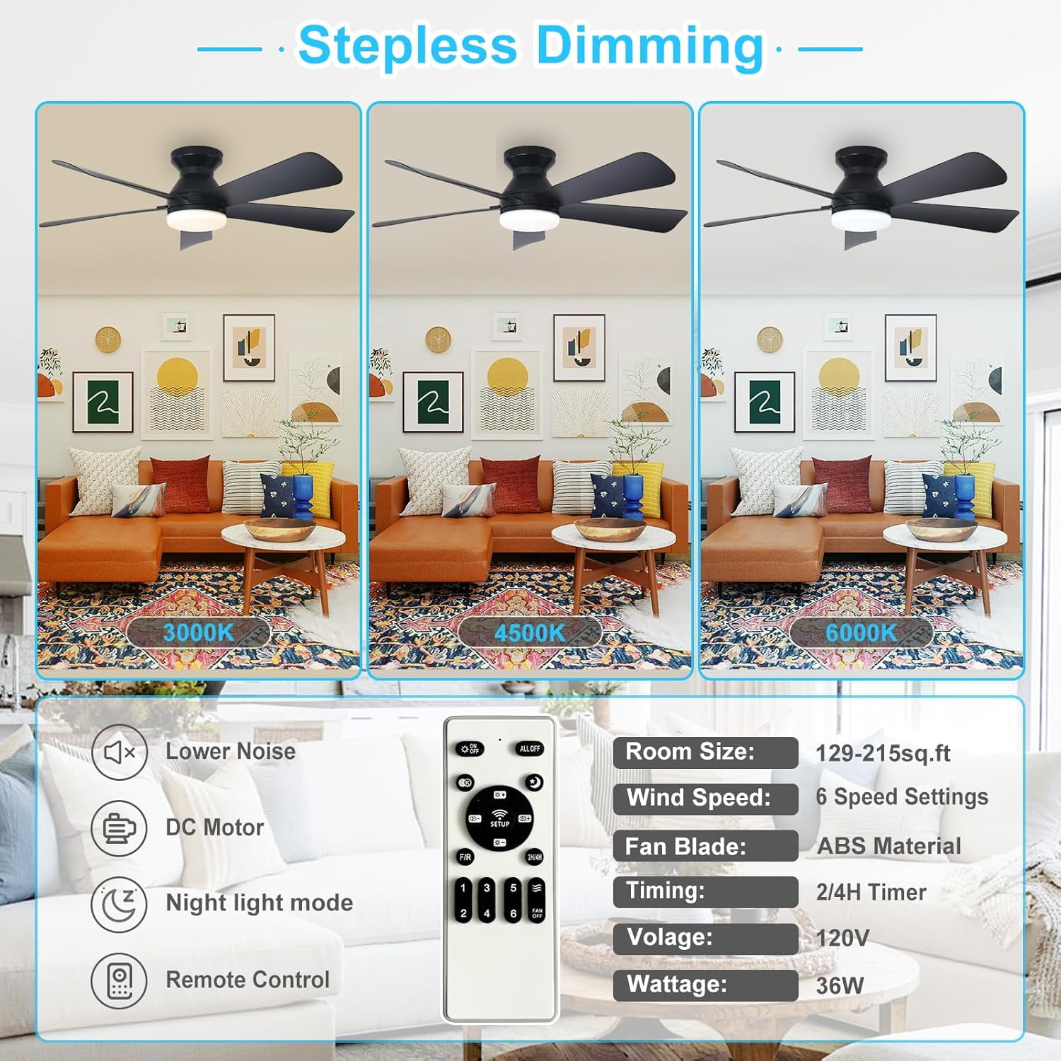 Ceiling Fans With Lights, 42 Inch Low Profile Ceiling Fan with Light and Remote Control, Modern Flush Mount Ceiling Fan With Timming, Dimmable 6 Wind Speed, for Bedroom Indoor/Outdoor Use, Black