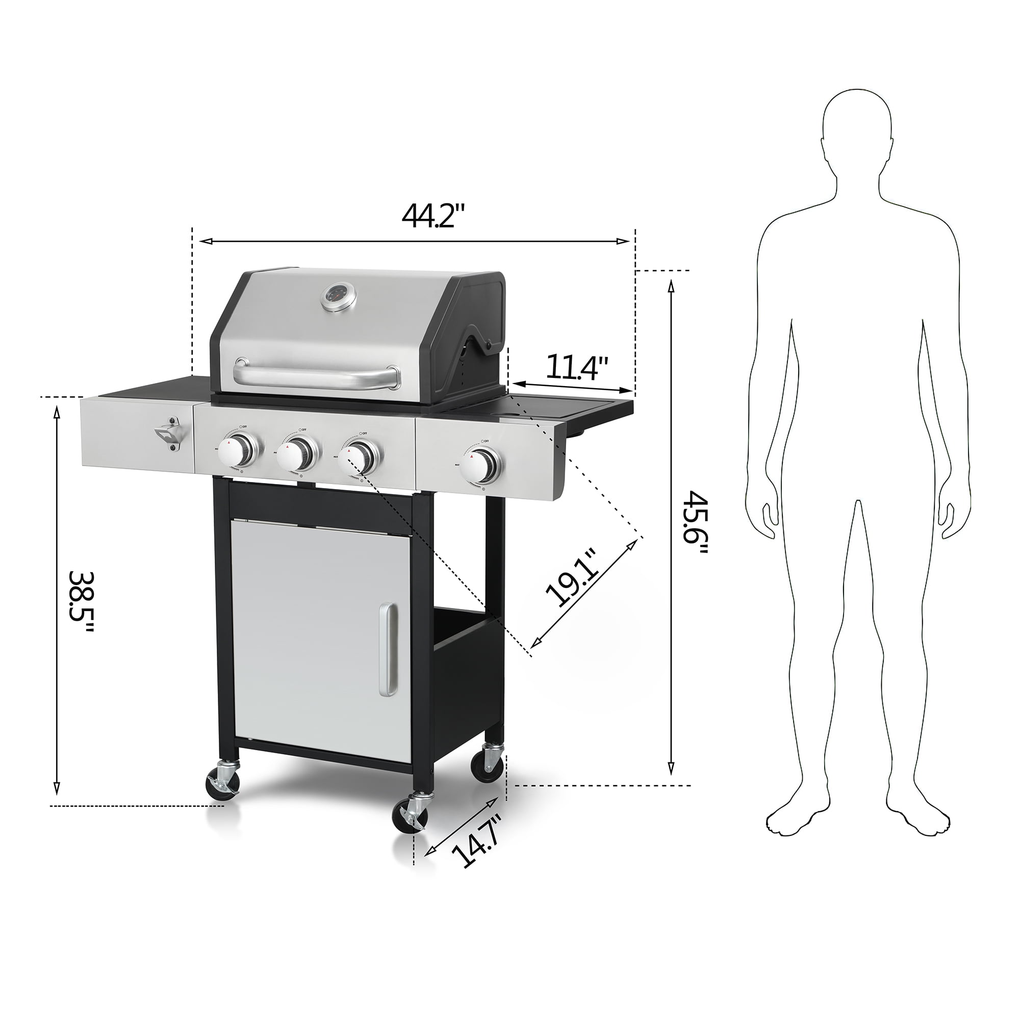 Miniyam 3 Burners BBQ Propane Gas Grill with Side Burner for Outdoor Barbecue, 37230 BTU Output