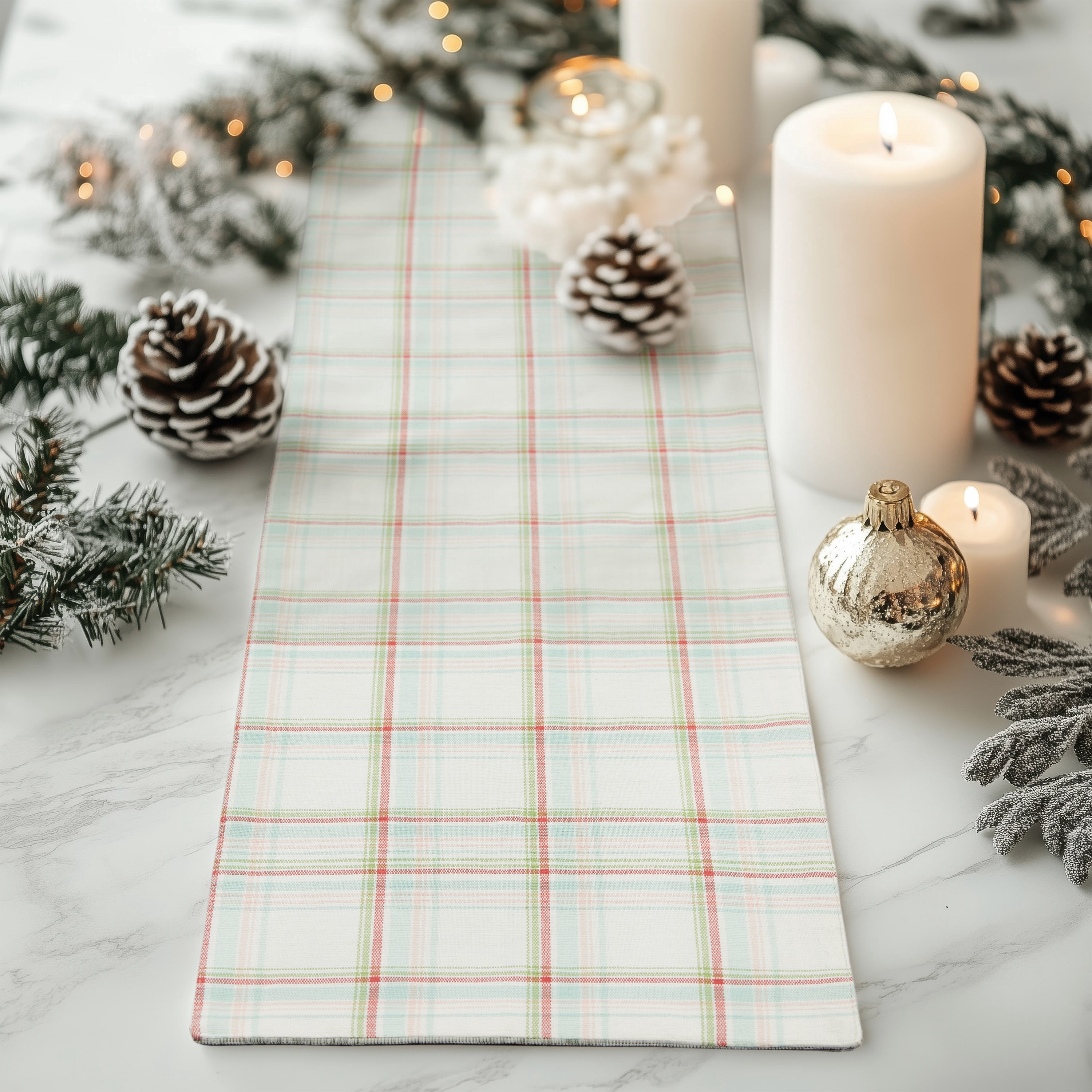 Holiday Plaid Jacquard 13" x 90" Reversible Table Runner - 100% Cotton, Multi-Color